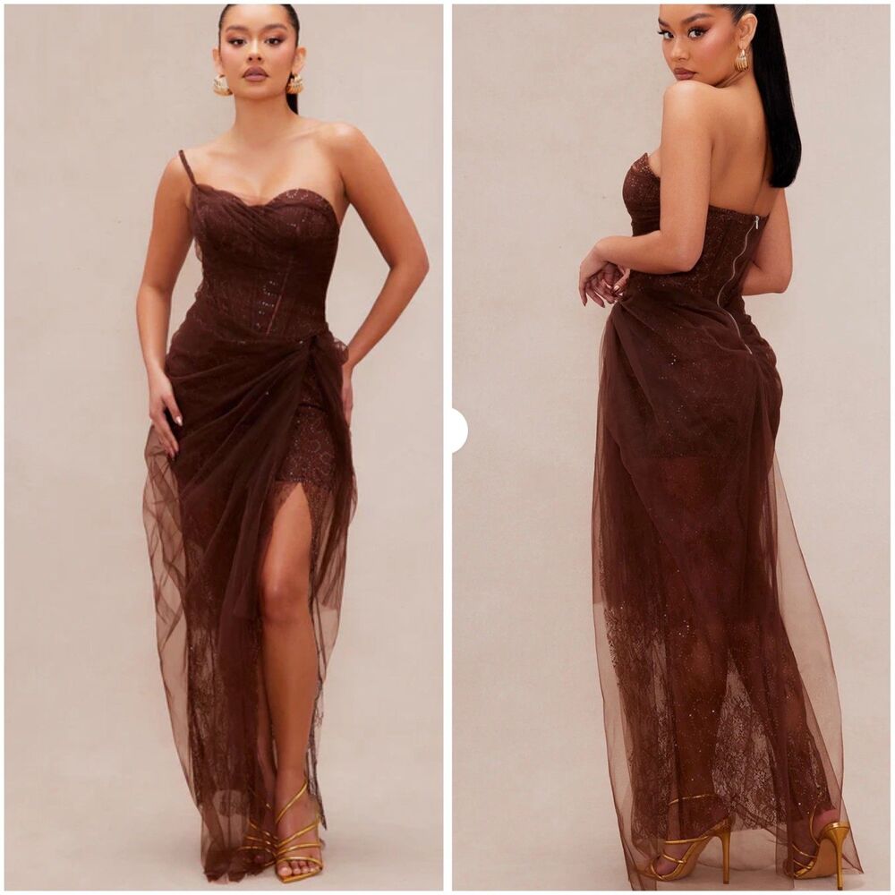 Fashion Nova Brown Sheer Lace Mesh Sweetheart Spaghetti Strap Maxi Dress Size XL